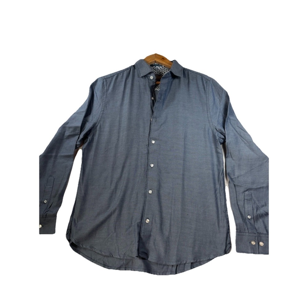 Ted Baker Mens M Blue Herringbone Cotton Long Sleeve Button-Up Shirt